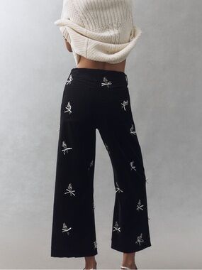 Anthropologie COLETTE Cropped Wide-Leg Velvet Embroidered Pants Maeve NEW Black